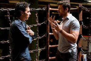 Shawn Levy and Hugh Jackman on the set of REAL STEEL 